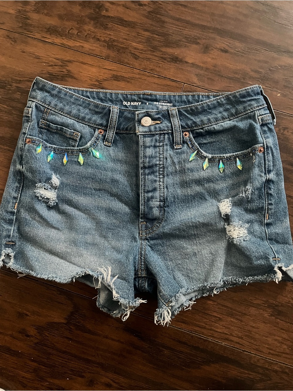 Old Navy Blue Distressed Denim Shorts with Teardrop Rhinestones